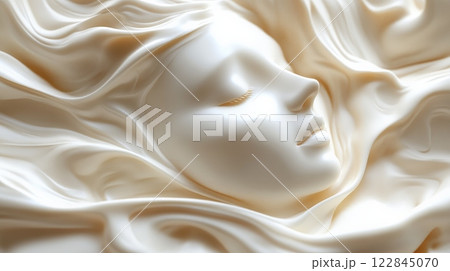 Serene face gently resting on flowing white silk fabric 122845070