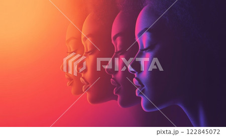 Four black women showing gradient skin tones in profile view with eyes closed 122845072