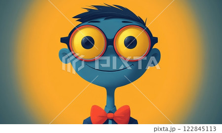 Cartoon character with large glasses and bow tie 122845113