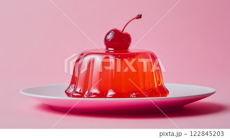 Red cherry gelatin dessert on white plate with pink background 122845203