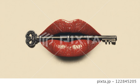 Red lips holding a vintage skeleton key 122845205
