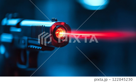 Close-up of handgun with red laser sight Close-up of handgun with red laser sight 122845230