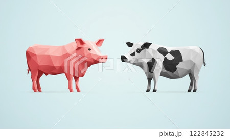 Pink pig and spotted cow facing each other in low polygonal style Pink pig and spotted cow facing each other in low polygonal style 122845232