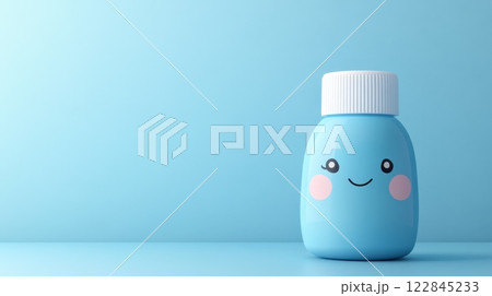 Cute smiling kawaii medicine bottle on blue background Cute smiling kawaii medicine bottle on blue background 122845233