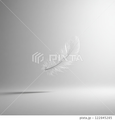 Single white feather floating on white background Single white feather floating on white background 122845285