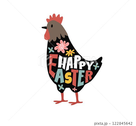 Spring holiday party poster. Spring invitation. Cute hen bird vector illustration. Happy Easter lettering text. Traditional celebration banner with flowers. Festive drawing typography. Farm animal Spring holiday party poster. Spring invitation. Cute hen bird vector illustration. Happy Easter lettering text. Traditional celebration banner with flowers. Festive drawing typography. Farm animal 122845642