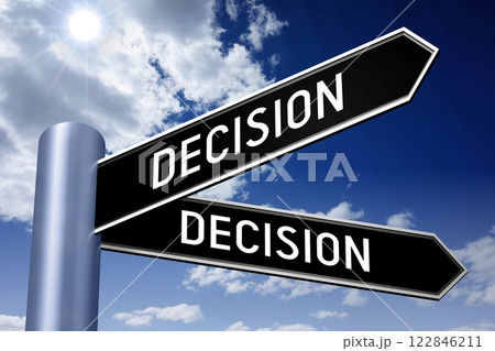 Decision - crossroads sign with two arrows - 3D illustration Decision - crossroads sign with two arrows - 3D illustration 122846211