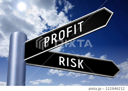 Profit and risk - crossroads sign with two arrows - 3D illustration 122846212