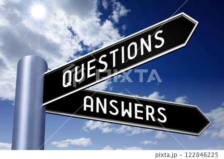 Questions and answers - crossroads sign with two arrows - 3D illustration Questions and answers - crossroads sign with two arrows - 3D illustration 122846225