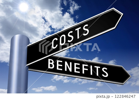 Costs, benefits - crossroads sign with two arrows - 3D illustration Costs, benefits - crossroads sign with two arrows - 3D illustration 122846247