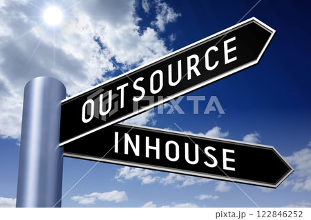 Inhouse, outsource - crossroads sign with two arrows - 3D illustration Inhouse, outsource - crossroads sign with two arrows - 3D illustration 122846252