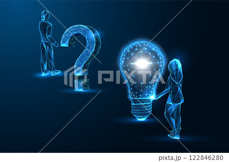 Problem-solving, creative thinking concept with man facing question mark and woman holding lightbulb Problem-solving, creative thinking concept with man facing question mark and woman holding lightbulb 122846280