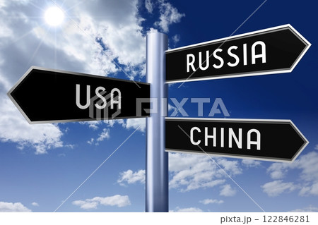 Signpost with three arrows - Usa, Russia and China Signpost with three arrows - Usa, Russia and China 122846281