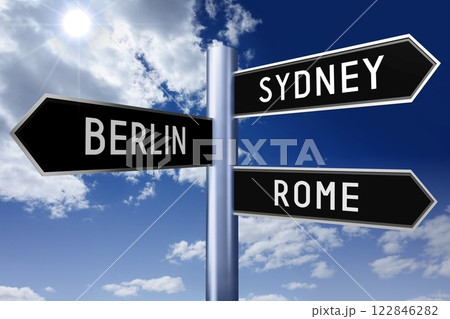 Signpost with three arrows - captal cities concept Signpost with three arrows - captal cities concept 122846282