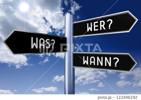 Signpost with three arrows - who, what, when 122846292