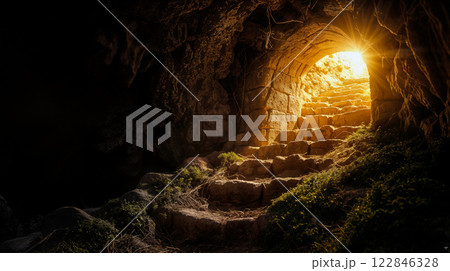 A golden light spills through an ancient cave entrance illuminating stone steps in a secluded natural setting 122846328