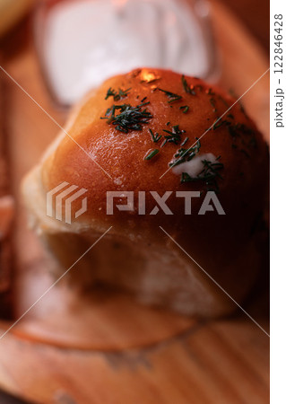 Restaurant dish borscht, delicious bread with 122846428