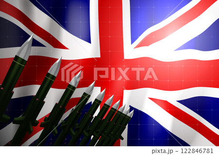 Cruise missiles, flag of United Kingdom in background - defense concept - 3D illustration 122846781