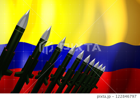 Cruise missiles, flag of Colombia in background - defense concept - 3D illustration 122846797