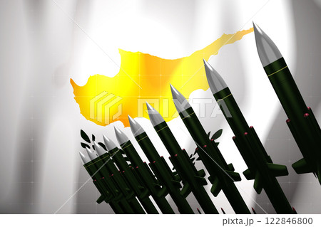 Cruise missiles, flag of Cyprus in background - defense concept - 3D illustration 122846800