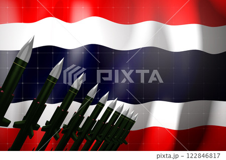 Cruise missiles, flag of Thailand in background - defense concept - 3D illustration 122846817