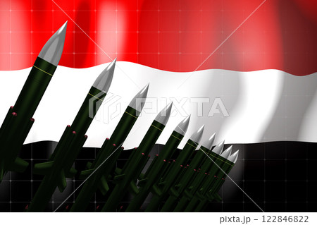 Cruise missiles, flag of Yemen in background - defense concept - 3D illustration 122846822