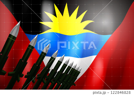 Cruise missiles, flag of Antigua and Barbuda in background - defense concept - 3D illustration Cruise missiles, flag of Antigua and Barbuda in background - defense concept - 3D illustration 122846828