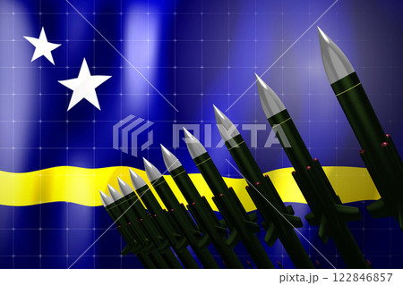 Cruise missiles, flag of Curacao in background - defense concept - 3D illustration Cruise missiles, flag of Curacao in background - defense concept - 3D illustration 122846857