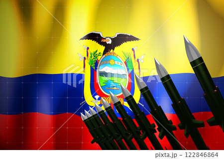 Cruise missiles, flag of Ecuador in background - defense concept - 3D illustration 122846864