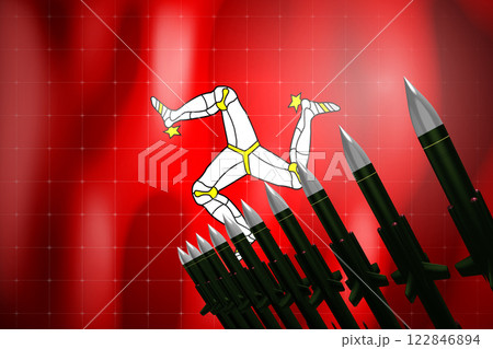 Cruise missiles, flag of Isle of Man in background - defense concept - 3D illustration Cruise missiles, flag of Isle of Man in background - defense concept - 3D illustration 122846894