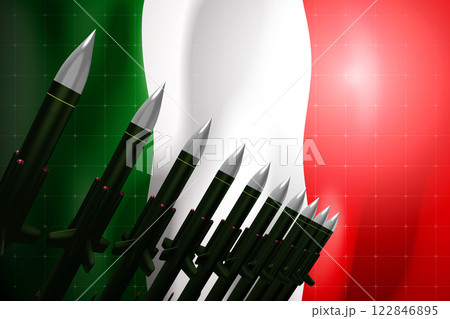Cruise missiles, flag of Italy in background - defense concept - 3D illustration 122846895