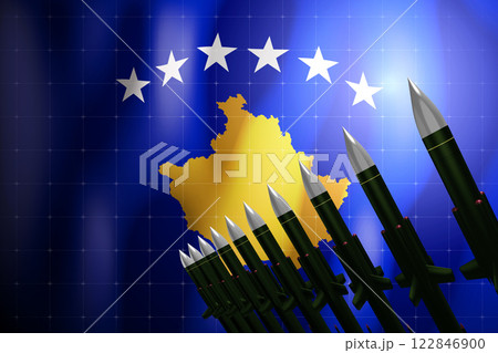 Cruise missiles, flag of Kosovo in background - defense concept - 3D illustration 122846900