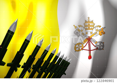 Cruise missiles, flag of Vatican in background - defense concept - 3D illustration 122846901