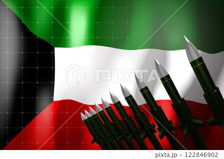 Cruise missiles, flag of Kuwait in background - defense concept - 3D illustration 122846902