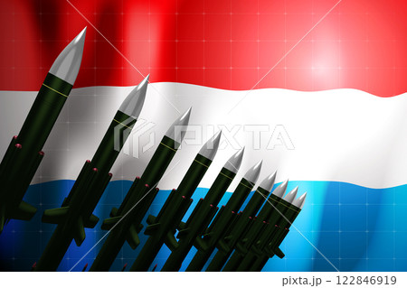 Cruise missiles, flag of Luxembourg in background - defense concept - 3D illustration Cruise missiles, flag of Luxembourg in background - defense concept - 3D illustration 122846919
