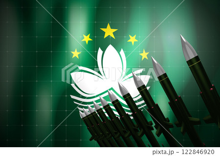Cruise missiles, flag of Macau in background - defense concept - 3D illustration Cruise missiles, flag of Macau in background - defense concept - 3D illustration 122846920