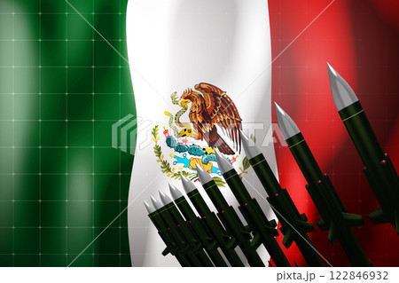 Cruise missiles, flag of Mexico in background - defense concept - 3D illustration 122846932