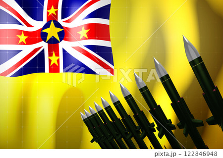 Cruise missiles, flag of Niue in background - defense concept - 3D illustration 122846948