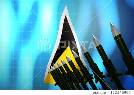 Cruise missiles, flag of Saint Lucia in background - defense concept - 3D illustration 122846966