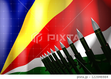 Cruise missiles, flag of Seychelles in background - defense concept - 3D illustration 122846984