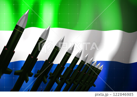 Cruise missiles, flag of Sierra Leone in background - defense concept - 3D illustration 122846985