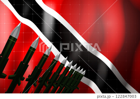 Cruise missiles, flag of Trinidad and Tobago in background - defense concept - 3D illustration Cruise missiles, flag of Trinidad and Tobago in background - defense concept - 3D illustration 122847003