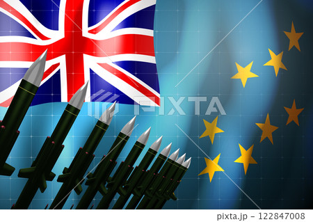 Cruise missiles, flag of Tuvalu in background - defense concept - 3D illustration Cruise missiles, flag of Tuvalu in background - defense concept - 3D illustration 122847008