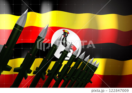Cruise missiles, flag of Uganda in background - defense concept - 3D illustration Cruise missiles, flag of Uganda in background - defense concept - 3D illustration 122847009