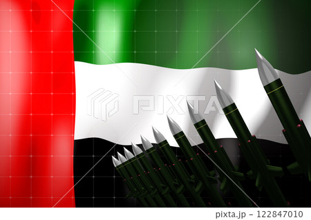 Cruise missiles, flag of United Arab Emirates in background - defense concept - 3D illustration Cruise missiles, flag of United Arab Emirates in background - defense concept - 3D illustration 122847010