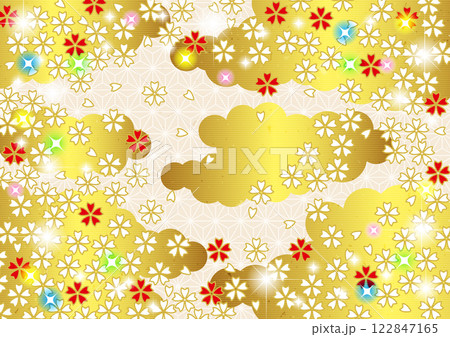 麻の葉地に雲と小紋桜の和背景タテ、イラスト、かわいい、和風、横、白 122847165