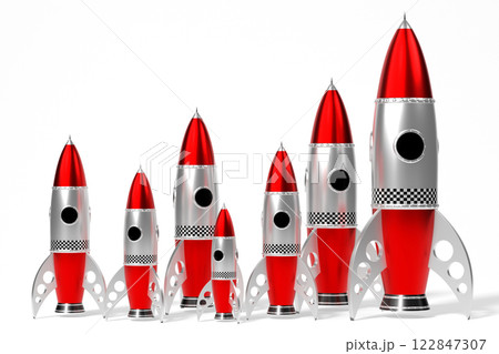 Silver and red toy rockets - 3D illustration 122847307