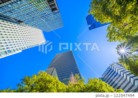 日本の東京都市景観 緑溢れる大手町。大手町プレイスや産経新聞社など大手町の摩天楼を望む＝2月8日 122847494