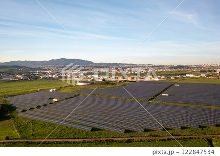 Drone view of solar panels on agricultural 122847534