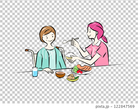 食事をする高齢女性を介助をする介護ヘルパー｜介護看護シリーズ 122847569